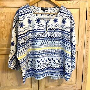 For Cynthia Boho Blouse Folk Art Print Quarter Sleeve Linen Relaxed Fit